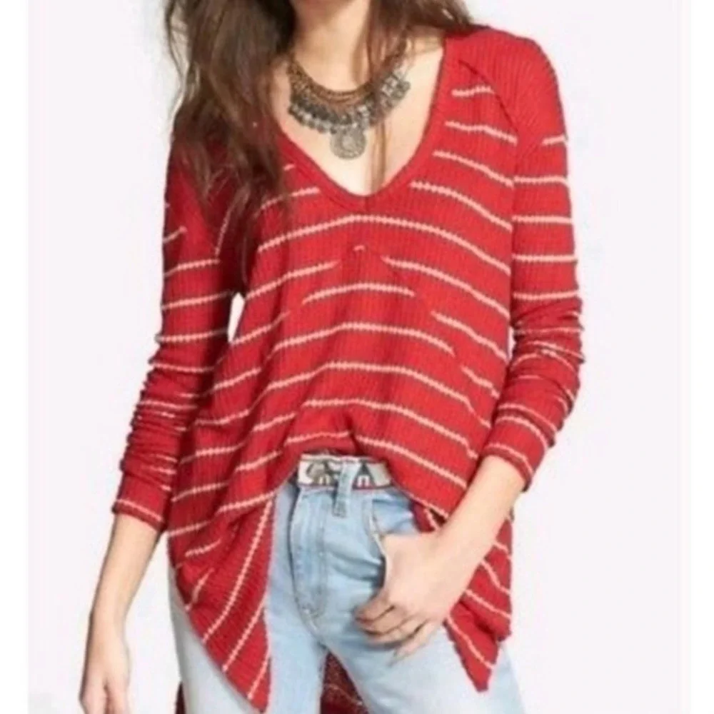 Free People Stop Sign‎ Red & Beige Stripe Waffle Knit Thermal Thrashed Raw Hem